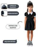 Fantasia Infantil Menina Wandinha Clássica Quarta feira Com Coroa Familia Addams Serie Bruxinha Carnaval Hallowen Dia Das Crianças