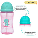 Garrafinha Dino Patinete Rosa BPA Free Com Canudinho De Silicone Buba