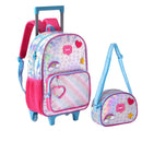 Kit Mochila Carrinho Holográfica Lancheira Térmica Juvenil Lanche Feminina Rosa Meninas Clio Megalomania