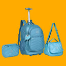 Kit Mochila de Carrinho Mala Bolsa Lancheira Térmica Duas Alças Estojo Box Azul Rebecca Bonbon Escolar Feminino  Juvenil Clio Megalomania