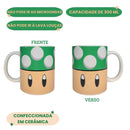 Caneca Cerâmica 350ML Cogumelo Verde Super Mario Presente Game Chá Café Leite Nintendo Resistente Megalomania
