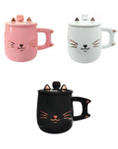 Caneca de Porcelana com Tampa Colher Gatinho 400ML Café Chá Presente Cute Fofo Decorada Criativa