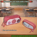 Estojo Duplo Capivara Marrom Rosa Escolar Volta as Aulas até 100 Pens Juvenil Unissex Organizador Reforçado Espaçoso