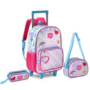 Kit Mochila de Carrinho Holográfica Mala Bolsa Lancheira Térmica Duas Alças Estojo Duplo Juvenil Meninas Escolar Clio Megalomania