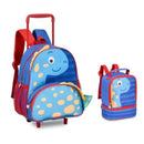 Kit Mochila de Carrinho Dinossauro Mala de Rodinhas Azul Lancheira Térmica Duas Alças Costas Meninos Masculino Infantil