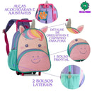 Kit Mochila de Carrinho Mala Bolsa Unicórnio Roxo Lancheira Térmica Duas Alças Lanchinho Escolar Feminino Meninas Clio Megalomania