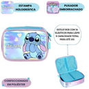 Kit Mochila De Costas e Estojo Box Stitch DIsney Holográfico Azul Infantil Escolar Menina Volta As Aulas Espaçosa Estudos
