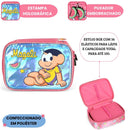 Kit Mochila De Costas e Estojo Box 100 Pens Magali Turma Da Mônica Azul Infantil Passeio Viagem Estudos