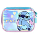 Kit Mochila De Costas e Estojo Box Stitch DIsney Holográfico Azul Infantil Escolar Menina Volta As Aulas Espaçosa Estudos