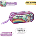 Estojo Duplo de Unicórnio Holográfico Escolar Infantil Material Menina Rosa - Clio