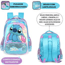 Kit Mochila De Costas e Estojo Box Stitch DIsney Holográfico Azul Infantil Escolar Menina Volta As Aulas Espaçosa Estudos