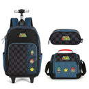 Kit Mochila De Rodinhas e Lacheira Térmica e Estojo Triplo Super Mario Bros Luigi Nintendo Gamer Azul Infantil Escolar
