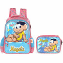 Kit Mochila De Costas e Estojo Box 100 Pens Magali Turma Da Mônica Azul Infantil Passeio Viagem Estudos