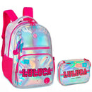 Kit Mochila de Costas Holografico Luluca Estojo Box 100 pens Youtuber Feminina Escolar Notebook Megalomania