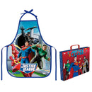 Kit Pasta Escolar Infantil Com Alça e Avental PVC Liga Da Justiça DC Comics Arte Resistente Aula