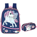 Kit Mochila De Costas e Estojo Simples Unicórnio UP4YOU Azul Escolar infantil Meninas Volta As Aulas Resistente