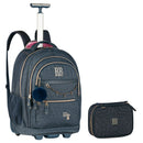 Kit Mochila De Rodinhas e Estojo Box Rebecca Bonbon Jeans Juvenil Feminino Escolar Volta As Aulas