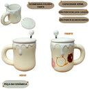 Caneca de Cerâmica Com Colher Tampa 420ml Estampa Donuts Café Chá Leite Presente Mãe Pai