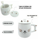 Caneca de Porcelana com Tampa Colher Gatinho 400ML Café Chá Presente Cute Fofo Decorada Criativa