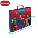 Kit Pasta Escolar Infantil Com Alça e Avental PVC Liga Da Justiça DC Comics Arte Resistente Aula
