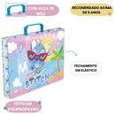 Kit Pasta Escolar Infantil Com Alça E Avental PVC Stitch Volta As Aulas Arte Criativo Meninas Aulas
