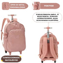 Mochila com Rodas Escolar Juvenil com Bolso Frontal Rosa Resistente com Pompom Rosa Up4You - Luxcel