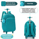 Mochila com Rodas Escolar Juvenil com Bolso Frontal Verde Resistente com Pompom Verde Up4You - Luxcel