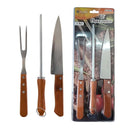 Kit Churrasco Completo Aço Inox Cabo de Madeira 3 Peças Faca Garfo Amolador Resistente Completo