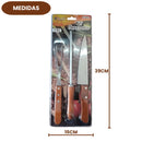 Kit Churrasco Completo Aço Inox Cabo de Madeira 3 Peças Faca Garfo Amolador Resistente Completo