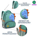 Mochila de Costas Infantil Dinossauro Verde e Azul Mala Bolsa Escolar Crianças Seanite Megalomania