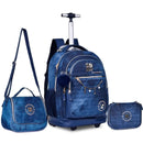 Kit Mochila de Carrinho Mala Bolsa Rebecca Bonbon Jeans Lancheira Térmica Duas Alças Estojo Box Escolar Juvenil Meninas Clio Megalomania