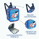 Kit Mochila de Carrinho Mala Bolsa Infantil Lancheira Térmica Lanchinho Estojo Dois Compartimentos Tubarão Azul Seanite Megalomania