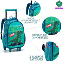 Kit Mochila de Carrinho Dinossauro Verde Estojo Infantil com Dois Compartimentos Masculino Meninos Crianças Seanite Megalomania