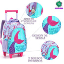 Kit Mochila de Carrinho Mala Bolsa Infantil Sereia Estojo com Dois Compartimentos Feminino Meninas Seanite Megalomania